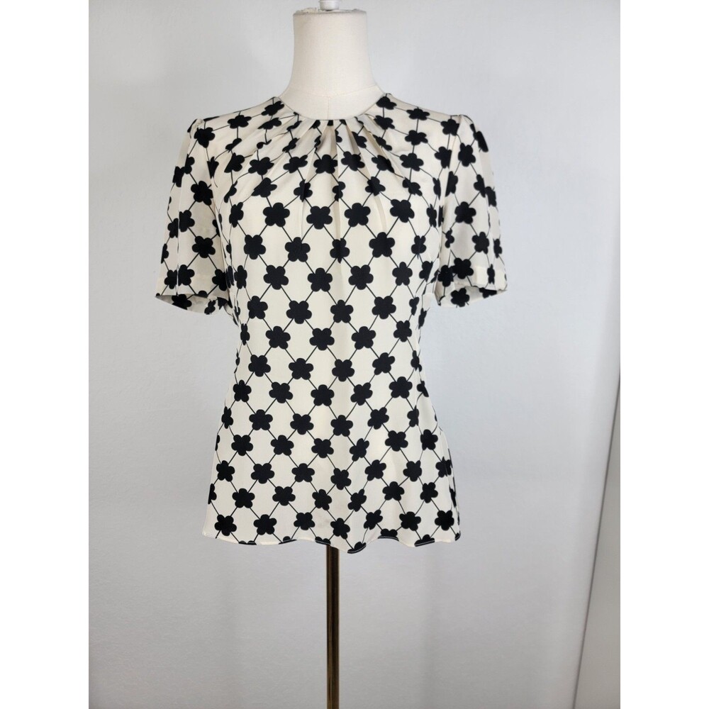 Kate Spade Silk Ivory and Black Blouse Size 8 Slight Peplum Business Casual